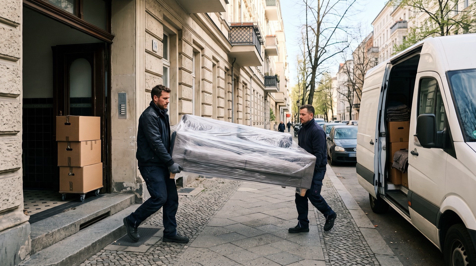 Entrümpelung in Berlin – Team räumt eine Wohnung und verlädt Möbel in einen Transporter