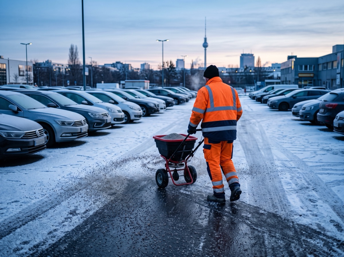 Winterdienst Berlin – Streudienst mit Streuwagen auf einem Firmenparkplatz