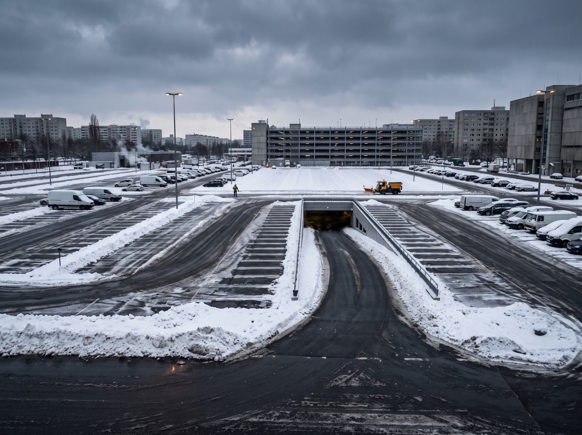 Winterdienst Berlin – geräumter Firmenparkplatz mit Zufahrt